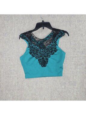 Charlotte Russe Womens Lace Overlay Crop Top Teal & Black M Sleeveless Tie Back